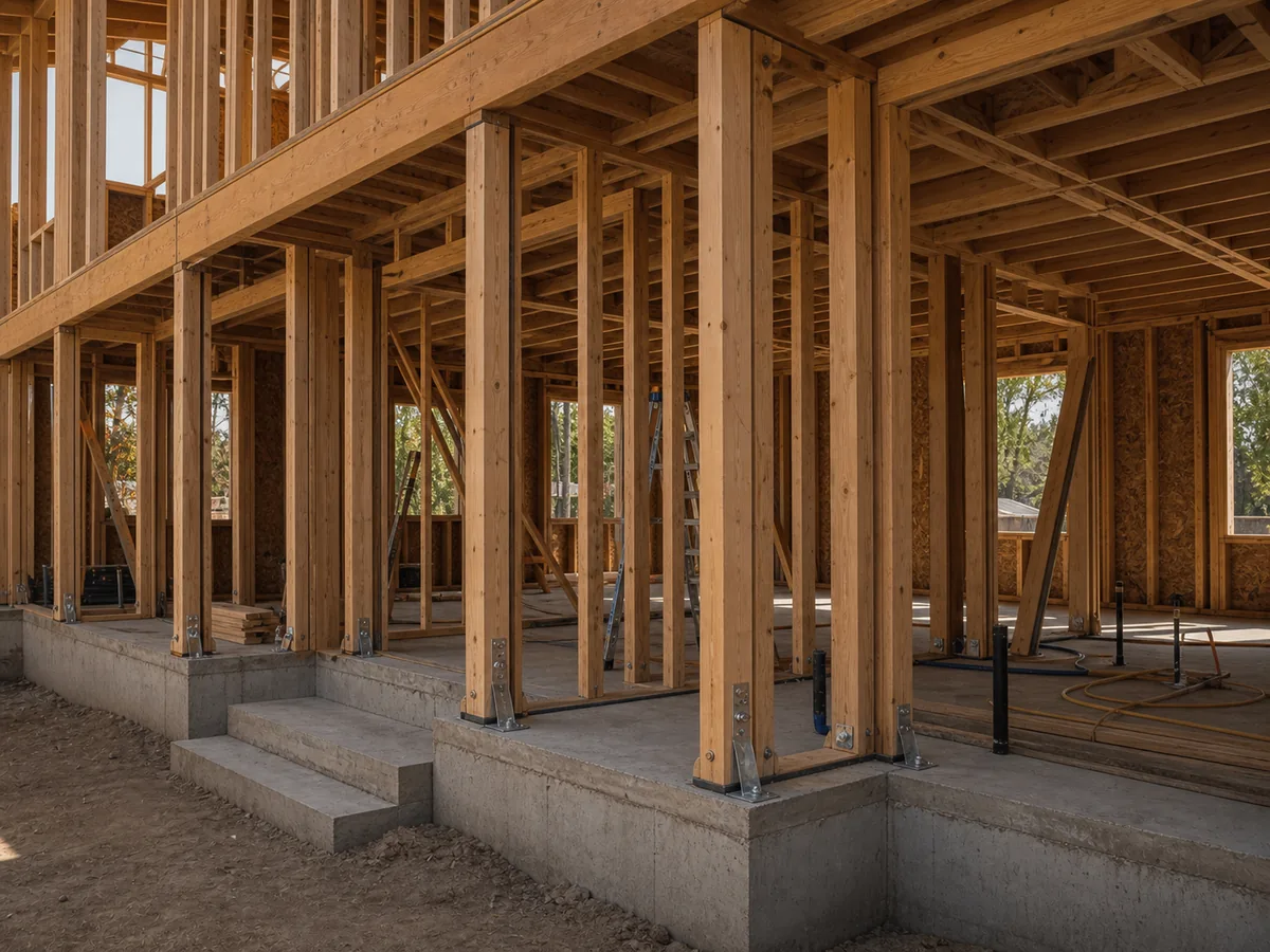Residential structural framing and foundation work on a California construction site