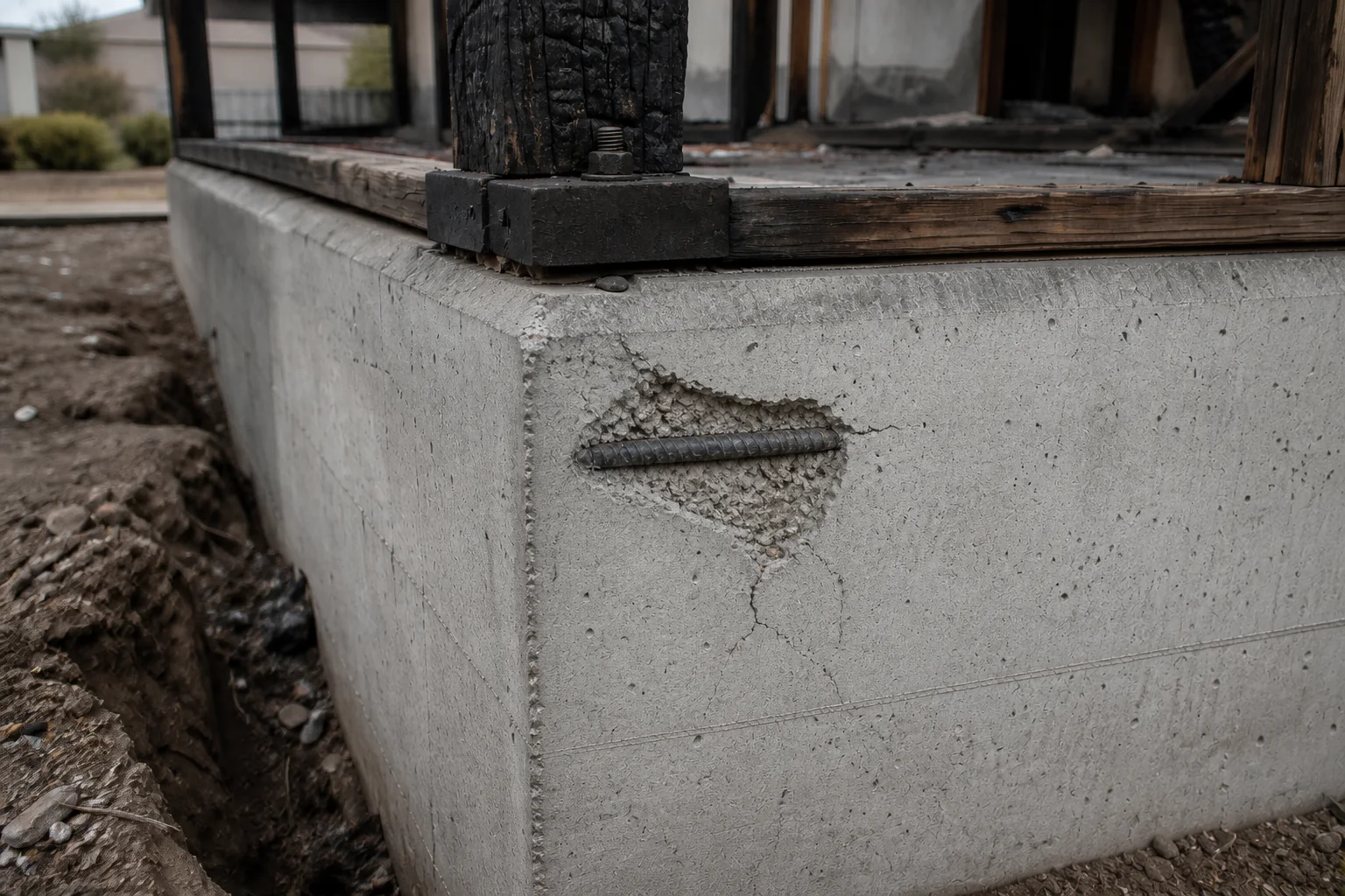 Representative view of a fire-damaged concrete foundation with cracking, exposed reinforcement, and anchor hardware