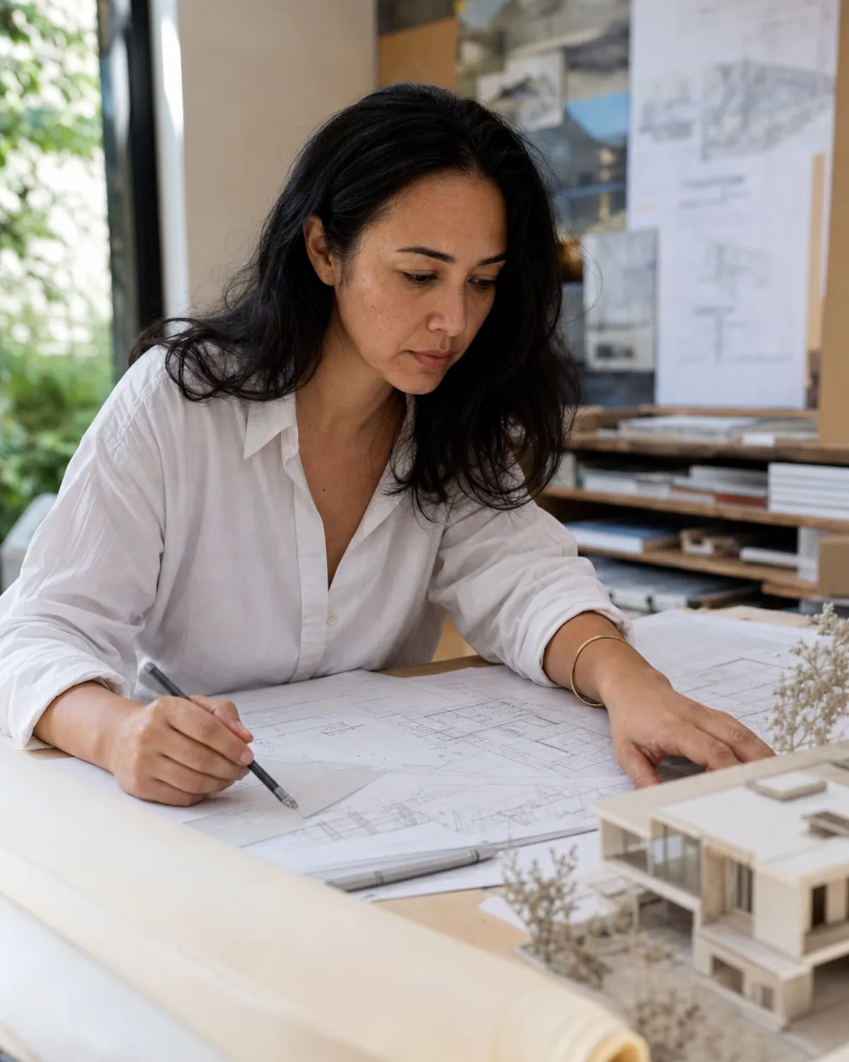 Architect reviewing residential drawings in a studio