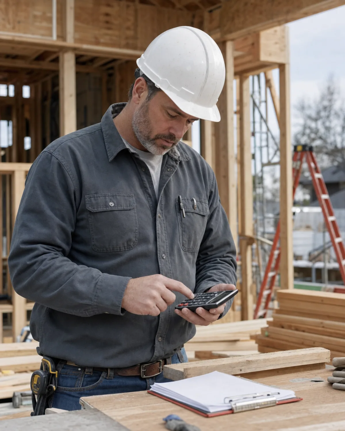 Residential contractor calculating construction costs at the job site
