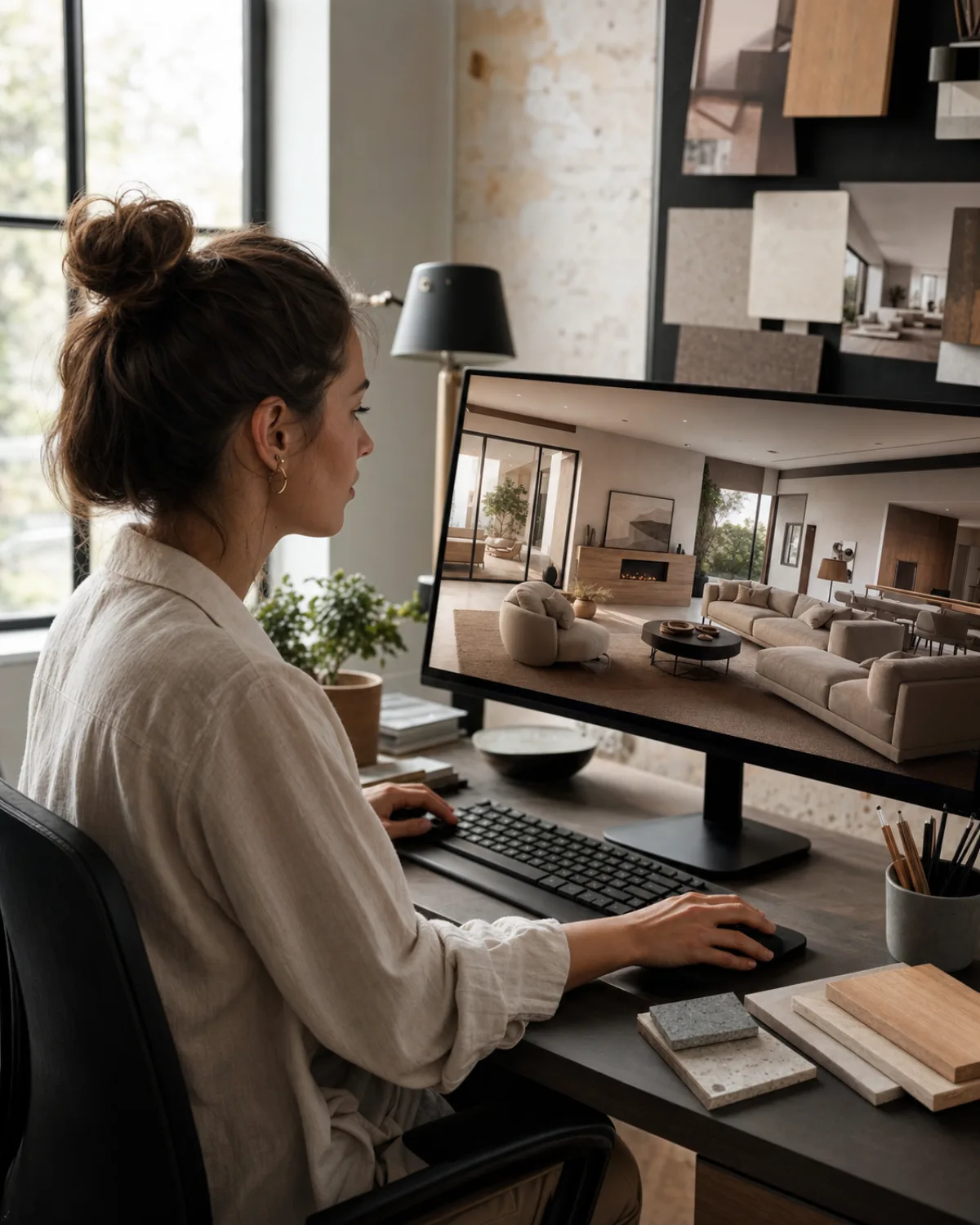 Interior designer reviewing a residential rendering on a computer