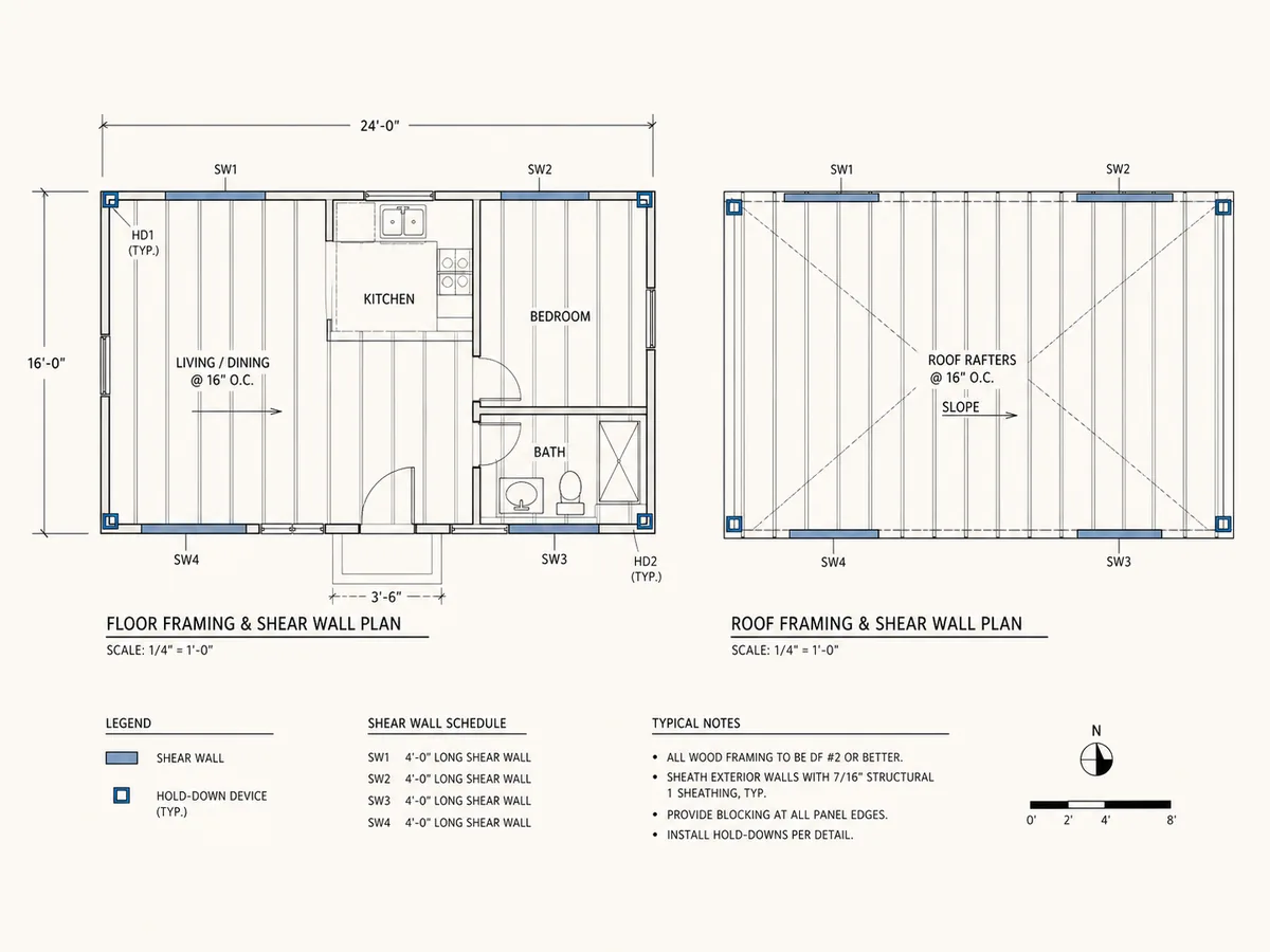 Framing and shear wall plan for a detached backyard ADU