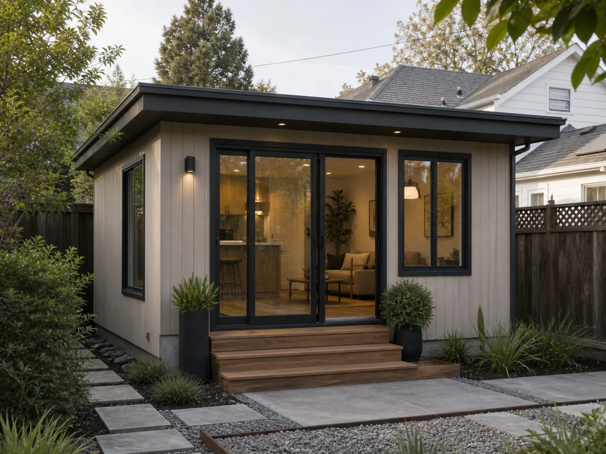 Completed detached backyard ADU with compact modern structure