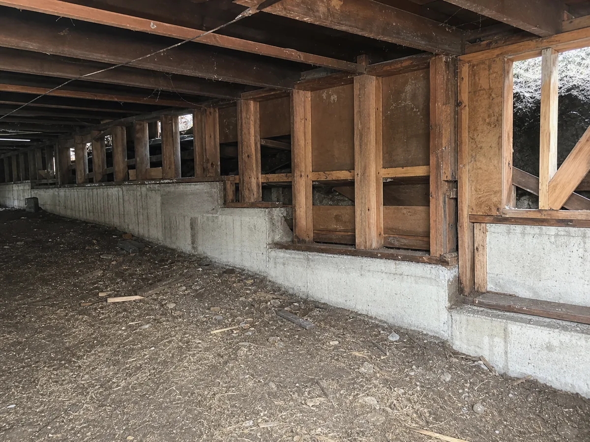 Existing stepped foundation and cripple walls before seismic retrofit