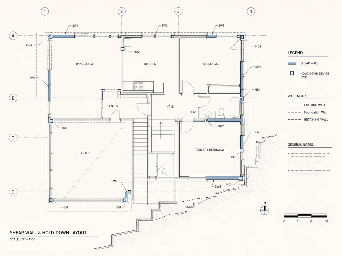 Shear wall and hold-down layout drawing for a hillside retrofit