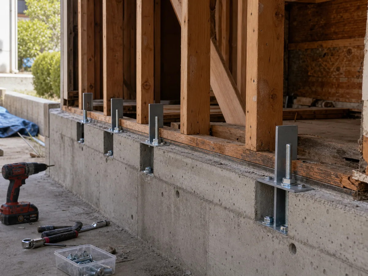 Foundation bolting hardware installed during a seismic retrofit