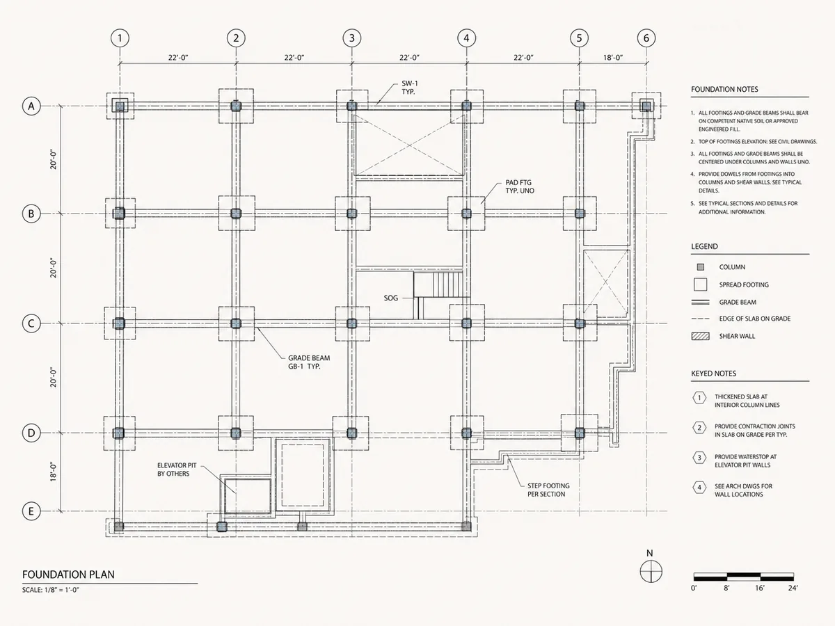 Foundation and grade-beam plan for a mixed-use building