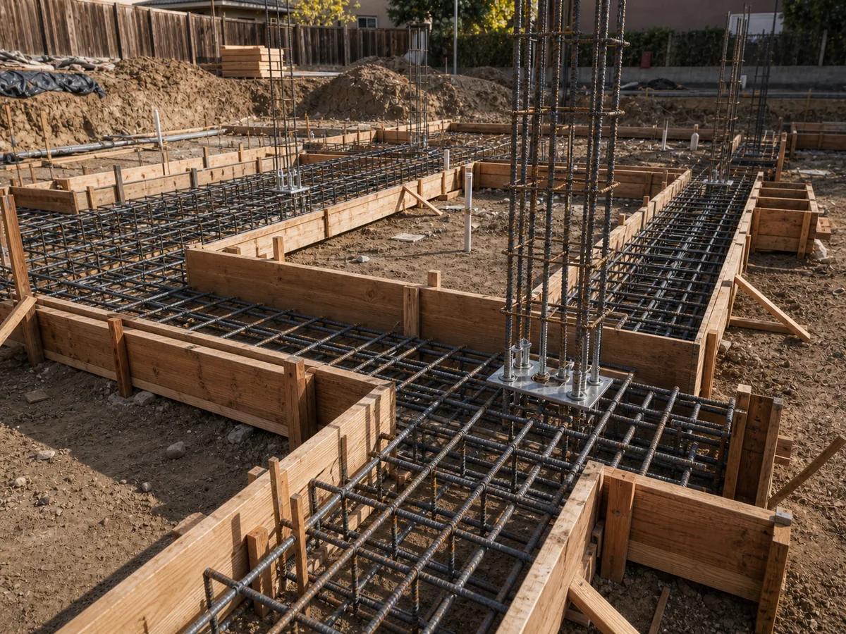 Rebar and formwork prepared before concrete placement for foundation work