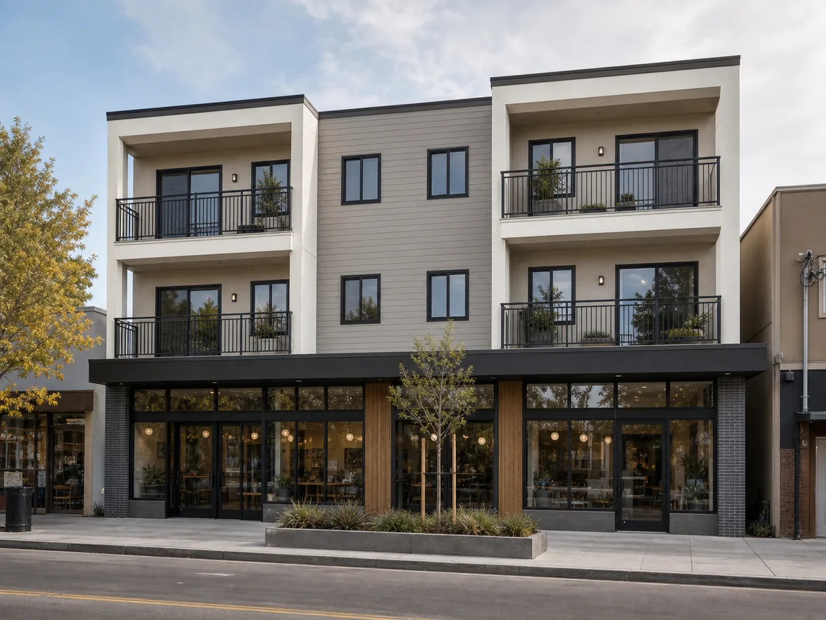 Completed three-story mixed-use building with ground-floor retail