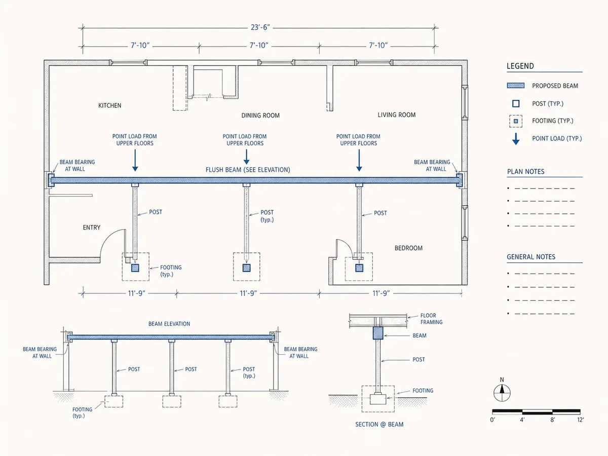 Beam and point-load structural plan for a load-bearing wall removal