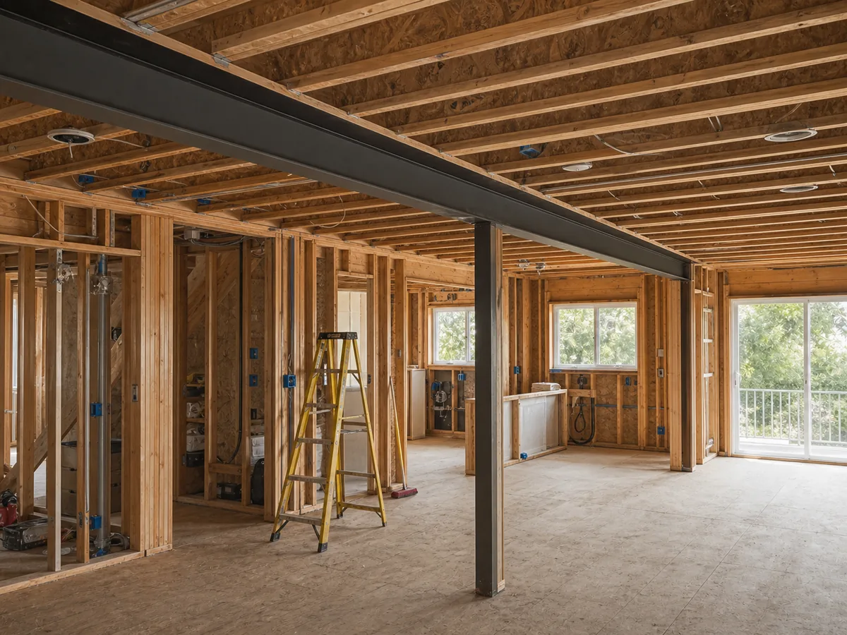 Flush steel beam installed during an open-concept residential remodel