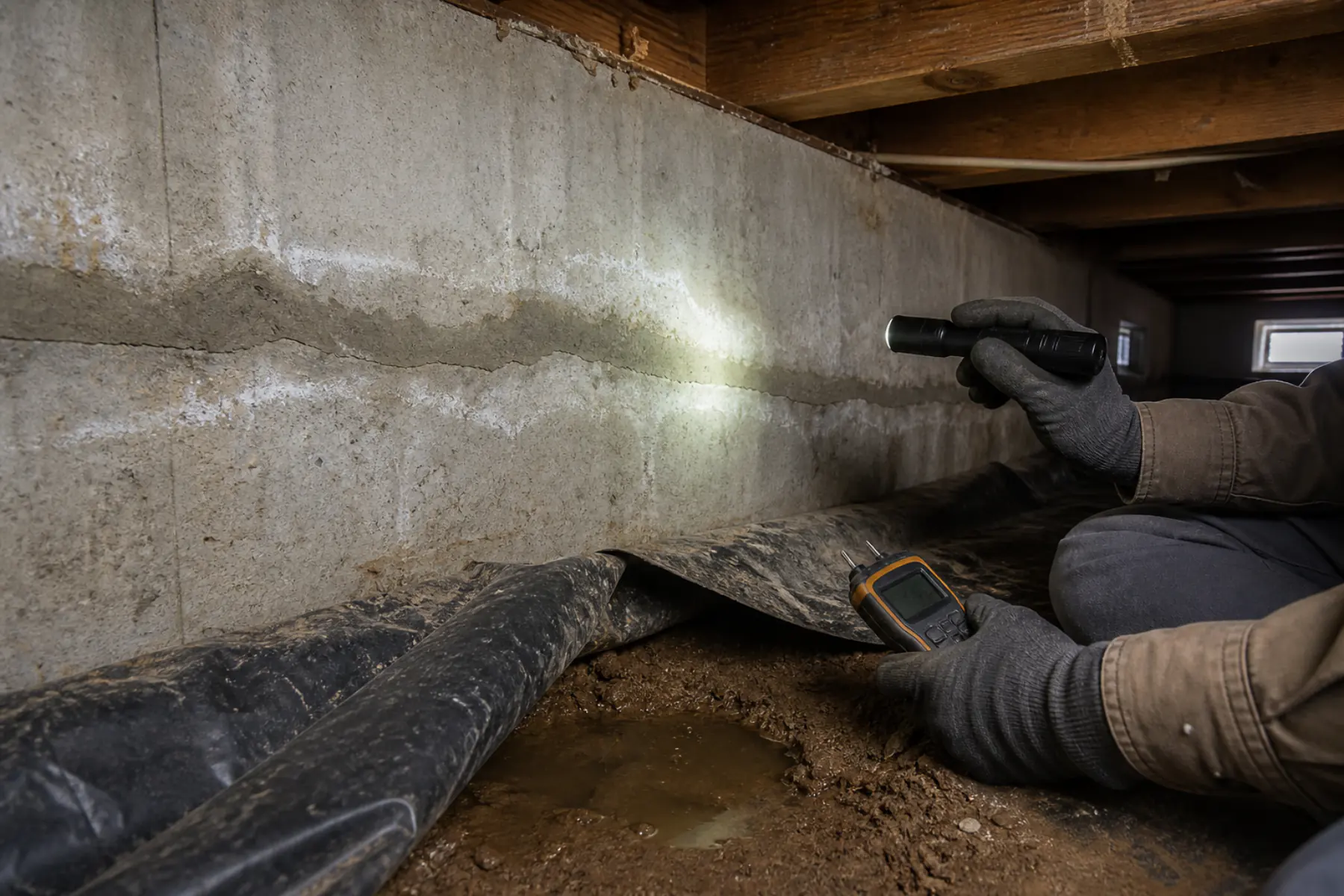 Representative view of a crawl space inspection with moisture, a repaired horizontal foundation crack, and concrete support piers