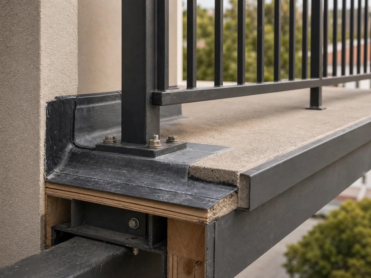 Waterproofing and connection detail at an exterior balcony edge