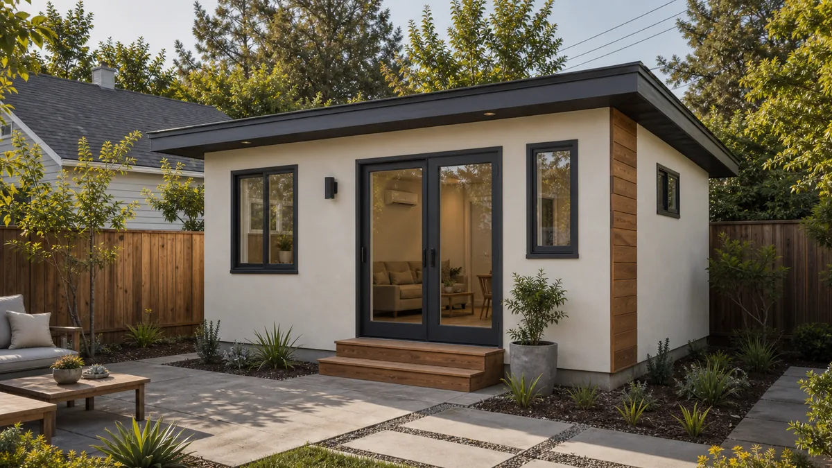 Detached backyard accessory dwelling unit with a simple modern structure