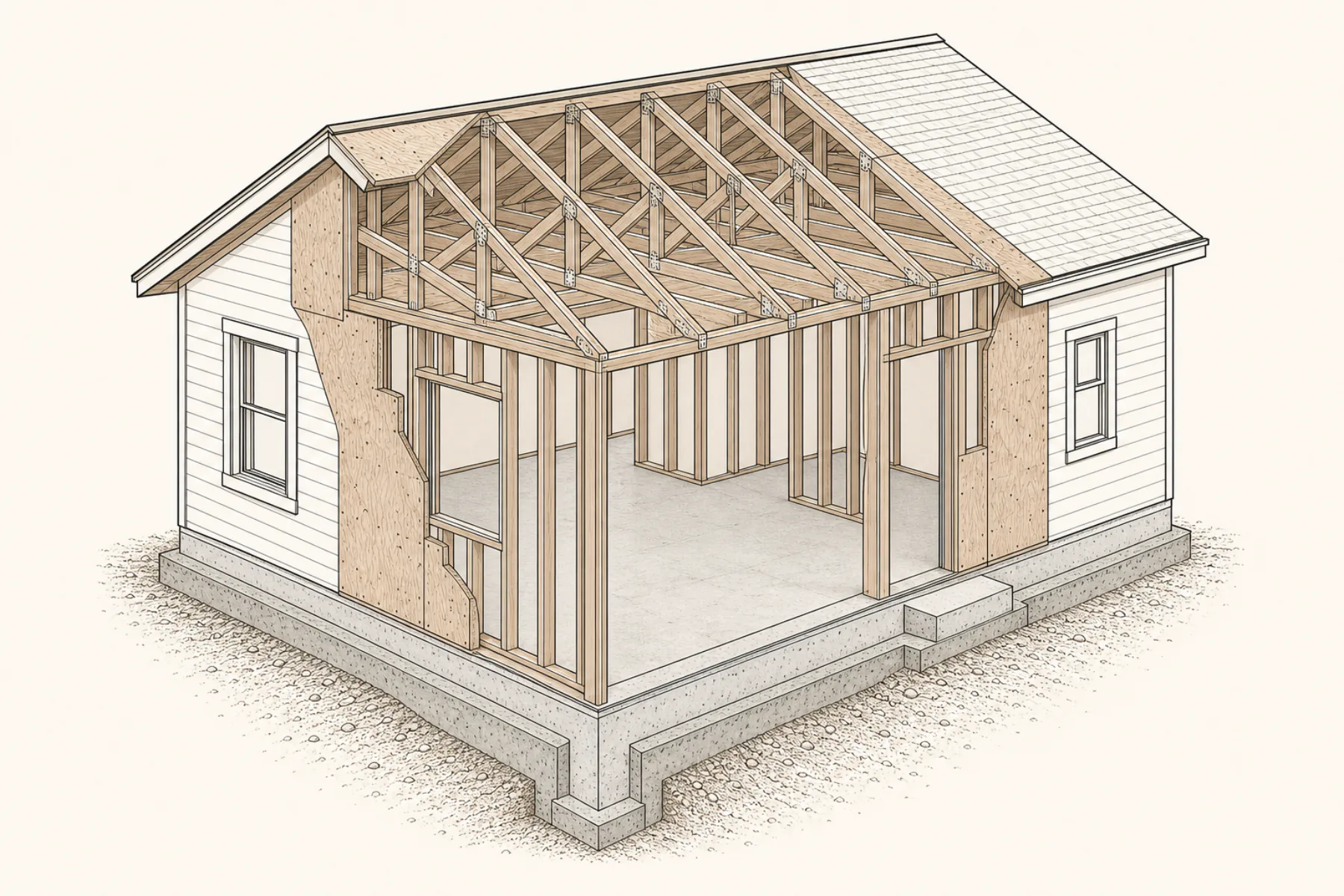Technical cutaway of an ADU slab, footings, shear walls, and roof trusses