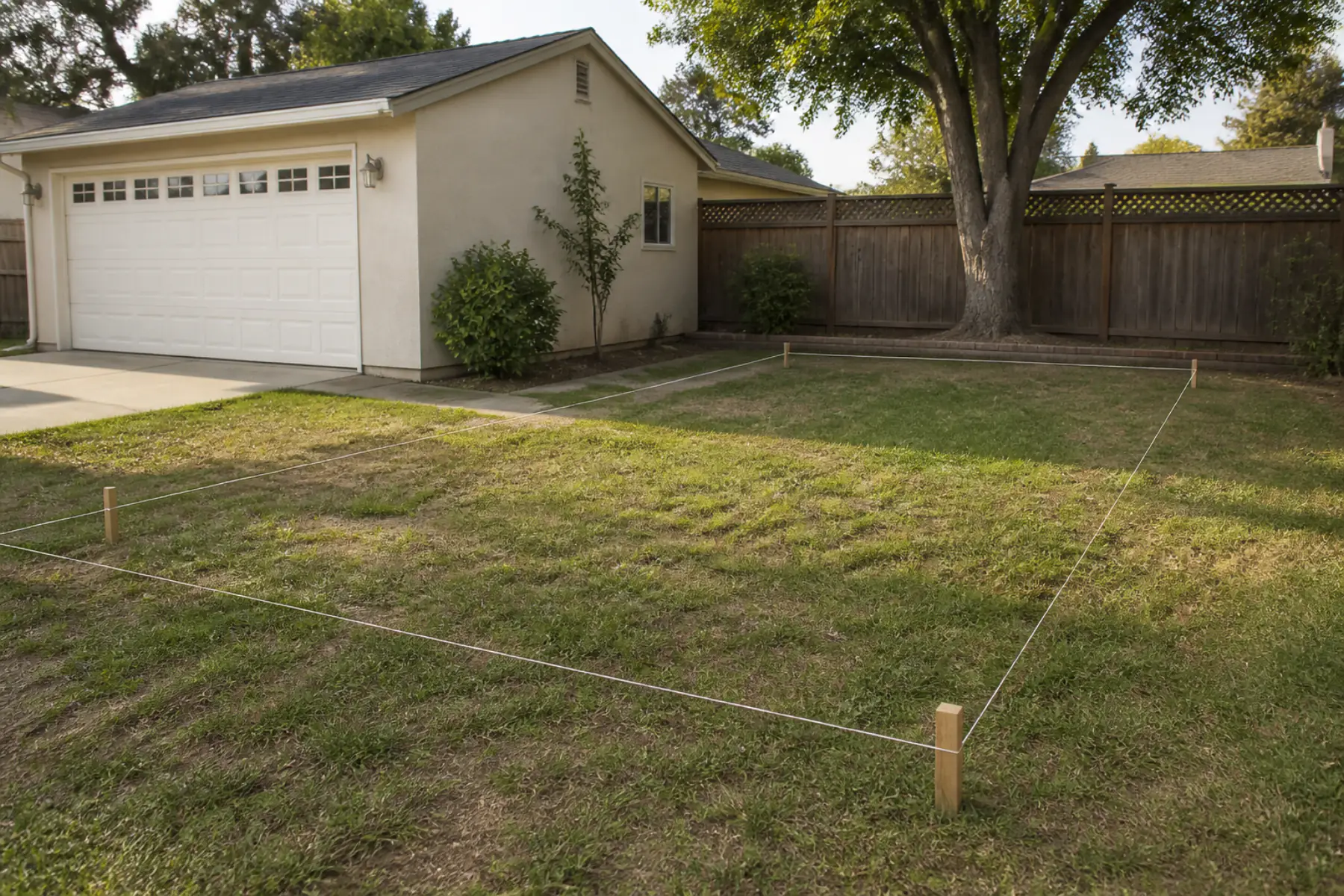 Backyard with a detached garage and string lines marking a new ADU footprint