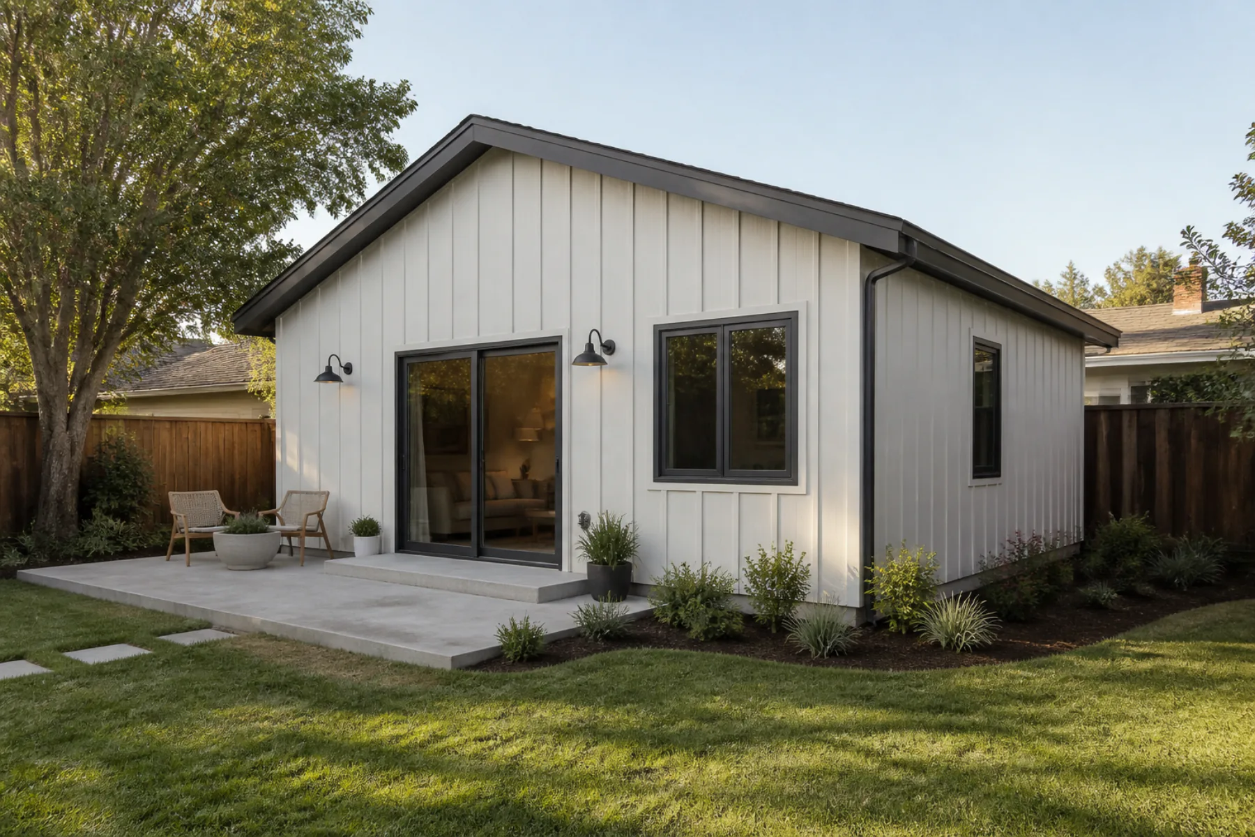 Completed modern detached ADU in a California backyard
