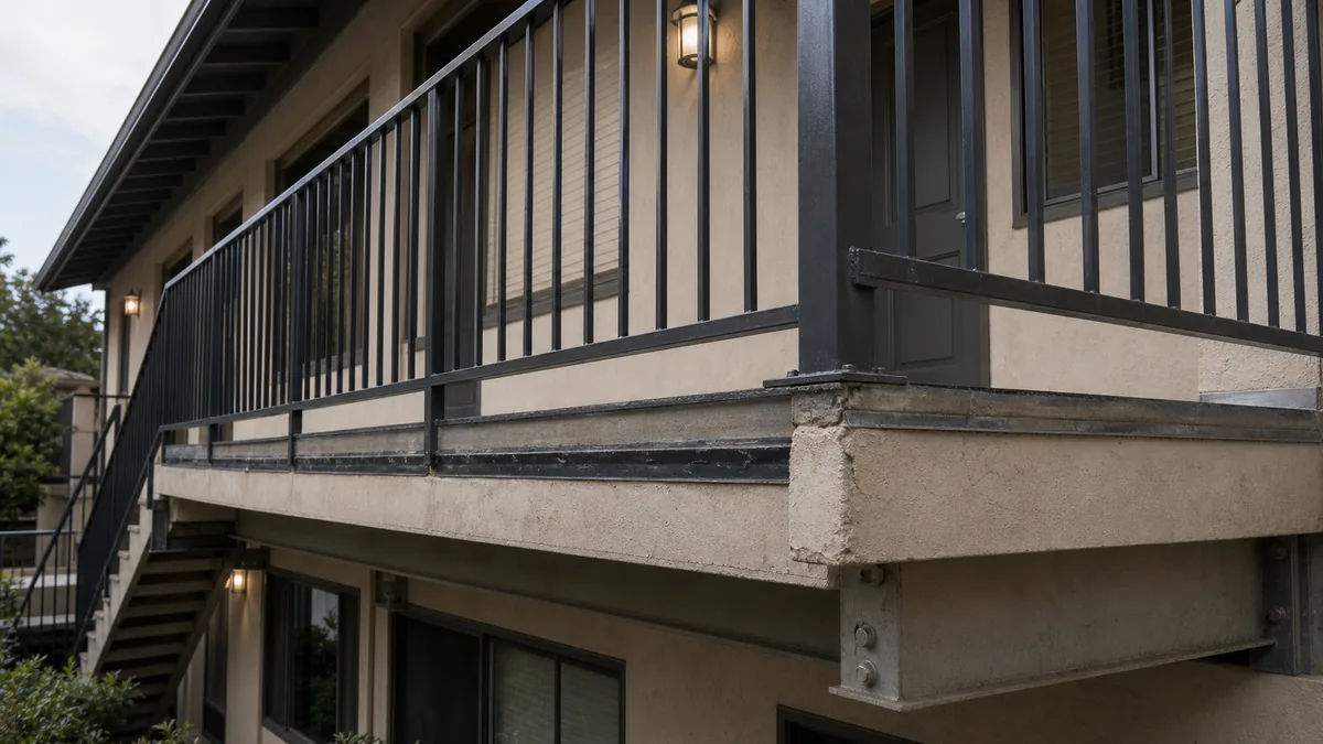 Exterior elevated balcony and walkway structure for an SB721 inspection