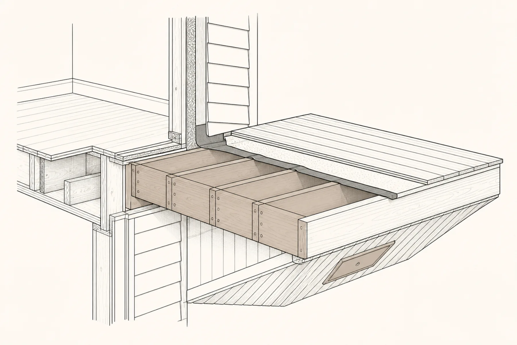 Technical cutaway of cantilevered balcony joists, waterproofing, and an inspection opening