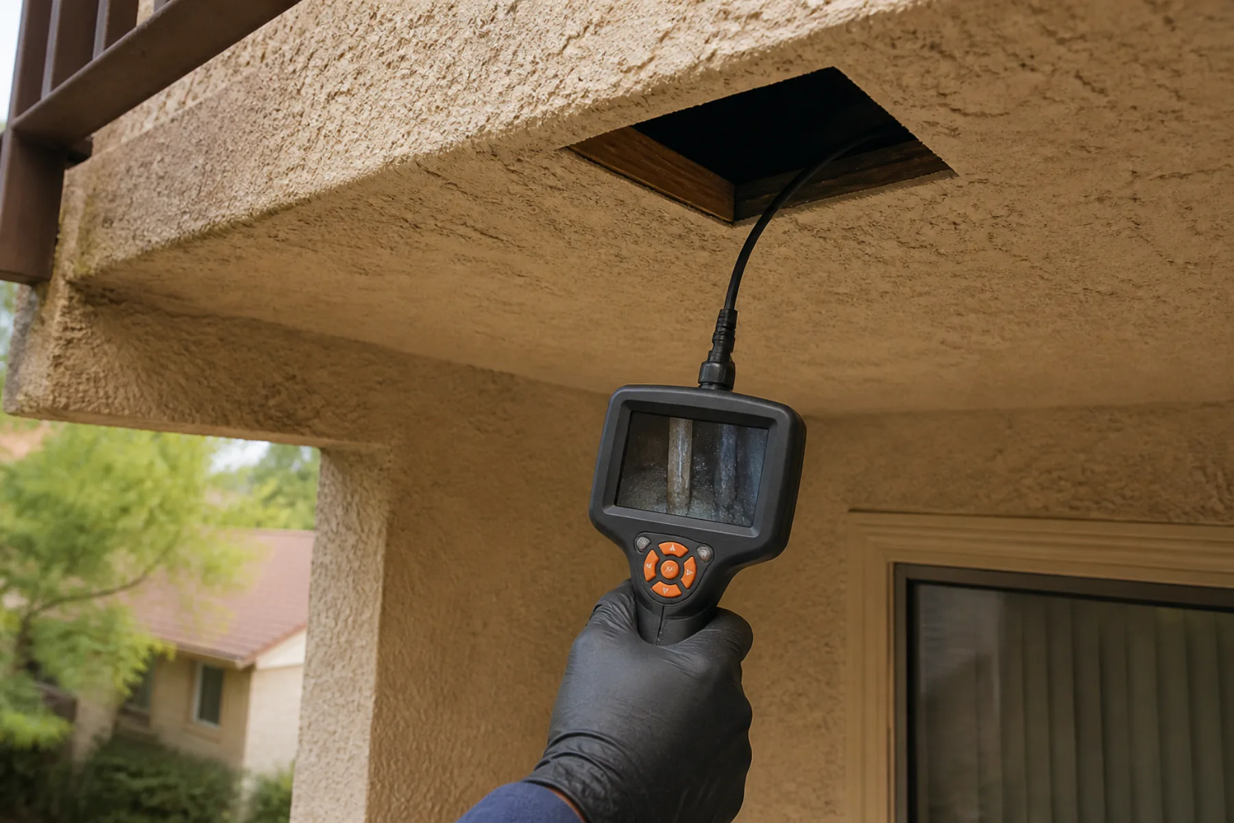 Inspector examining a balcony soffit with a borescope camera