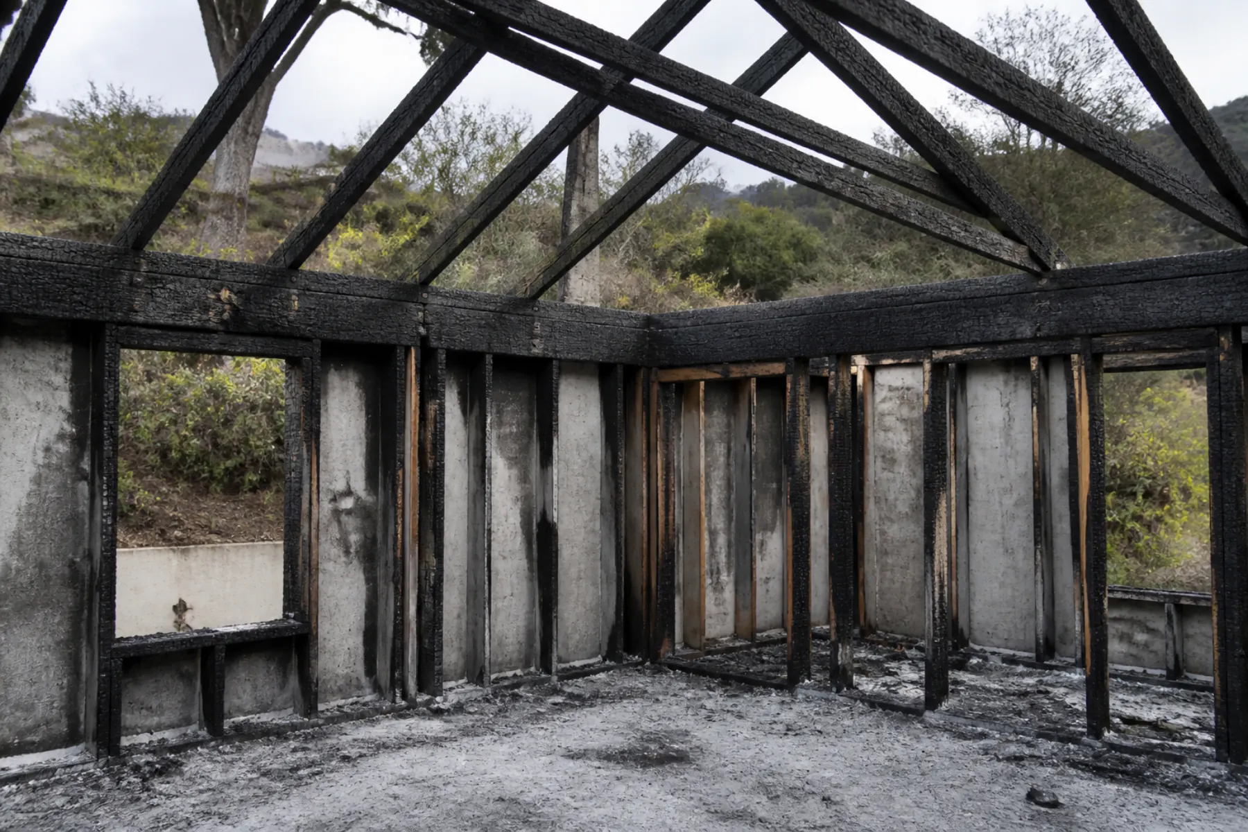 Charred wood roof framing and top plates after a Los Angeles wildfire
