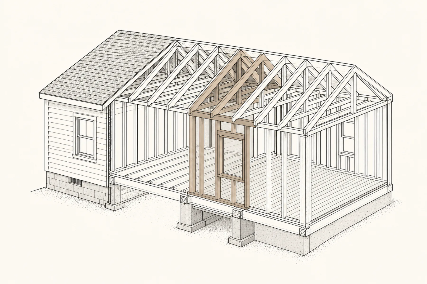 Technical cutaway of localized replacement framing beside retained structure