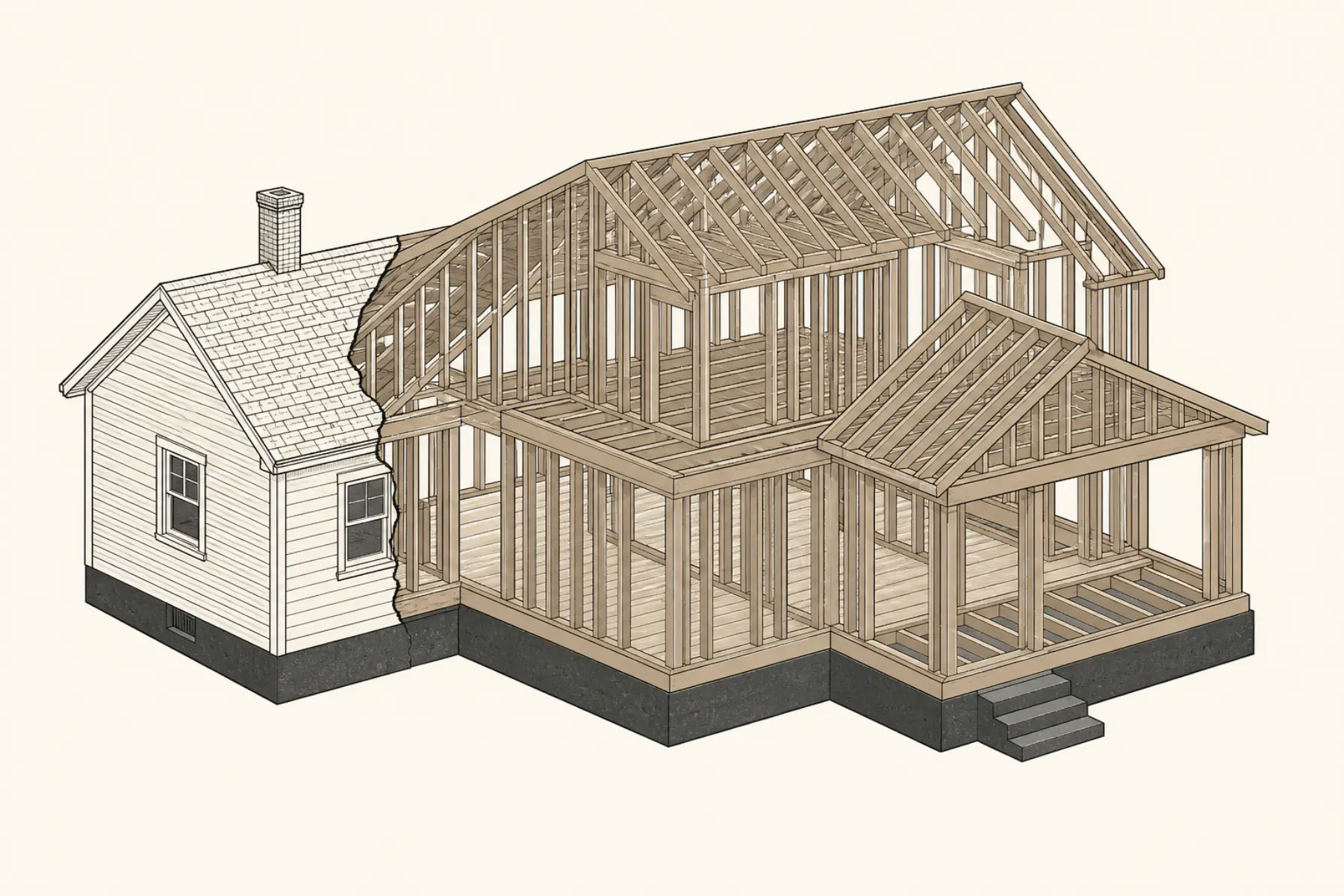 Technical cutaway of a selective rebuild retaining a foundation and one wing