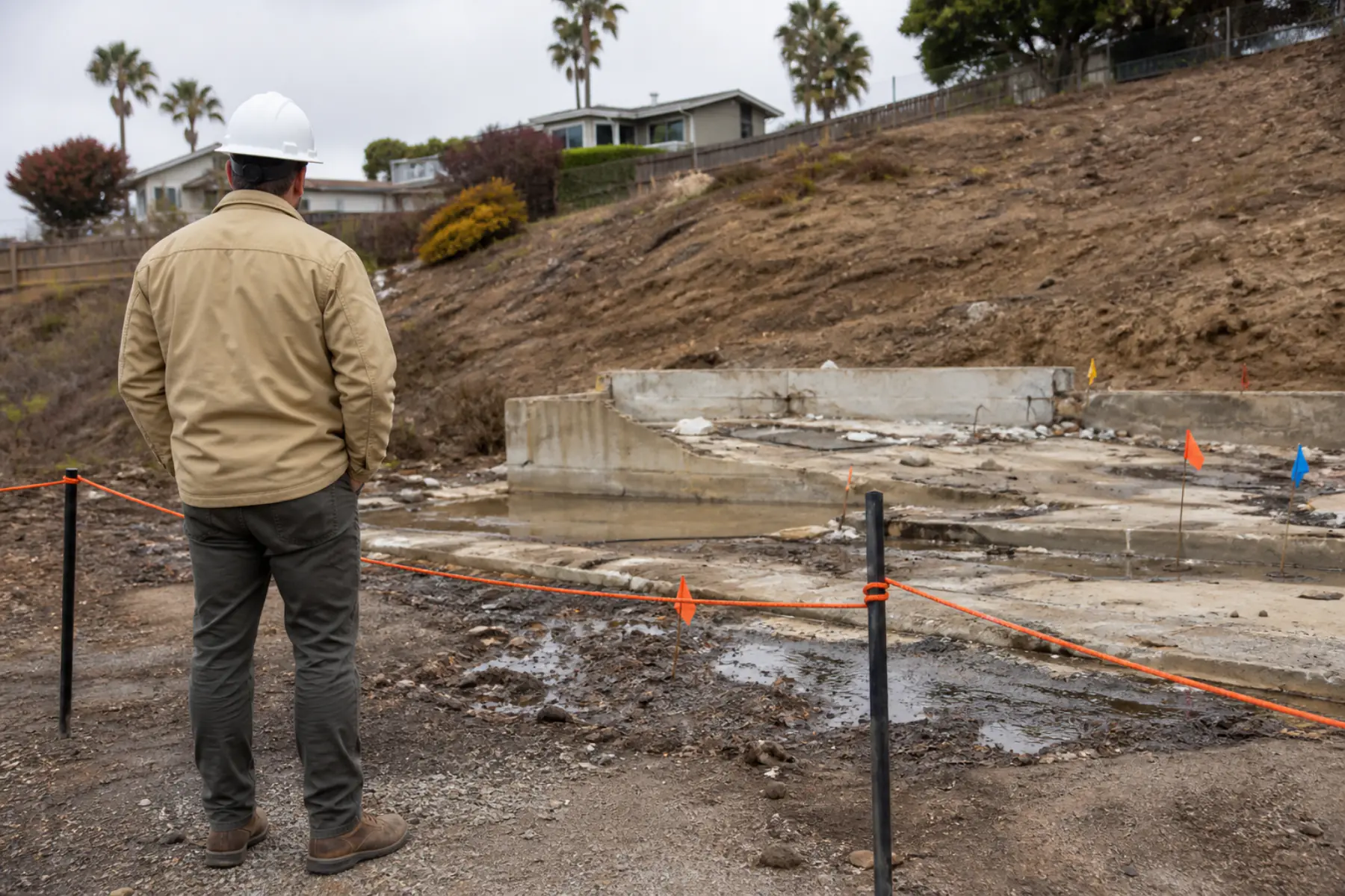 Engineer documenting safe access limits at a fire-damaged hillside residential site