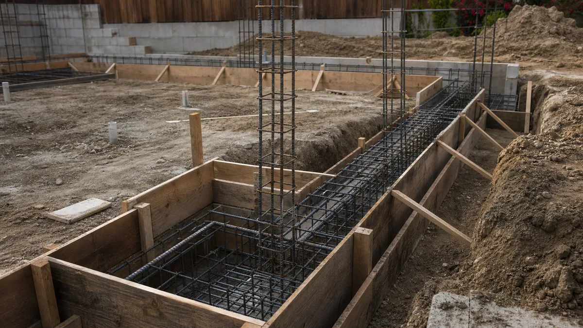 Foundation footing formwork and reinforcing steel prepared for concrete