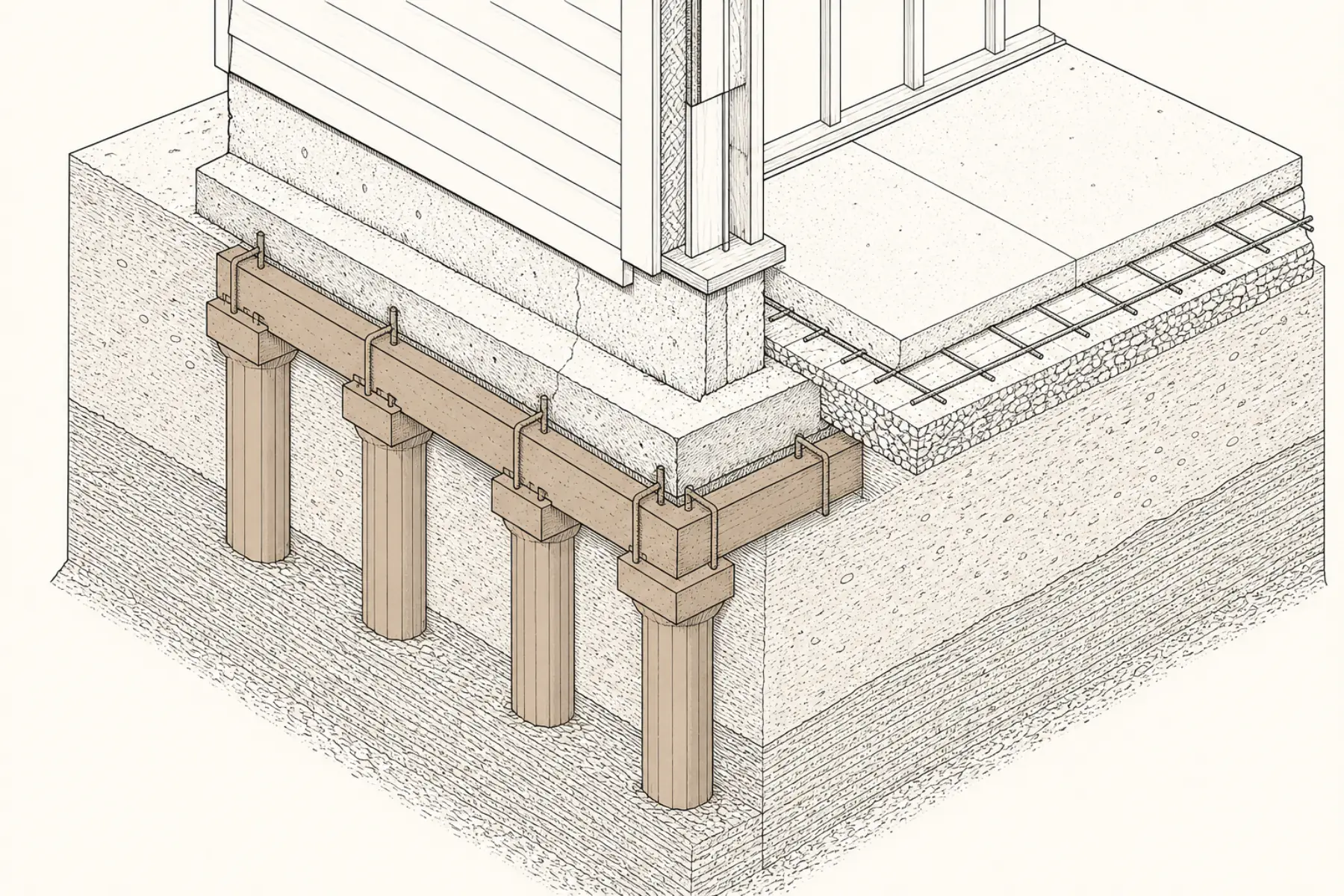 Technical cutaway of underpinning piers and a grade beam supporting a settled footing
