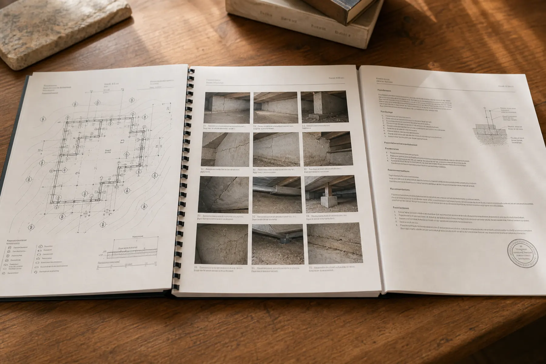 Foundation inspection report with an annotated level survey, photo log, and findings