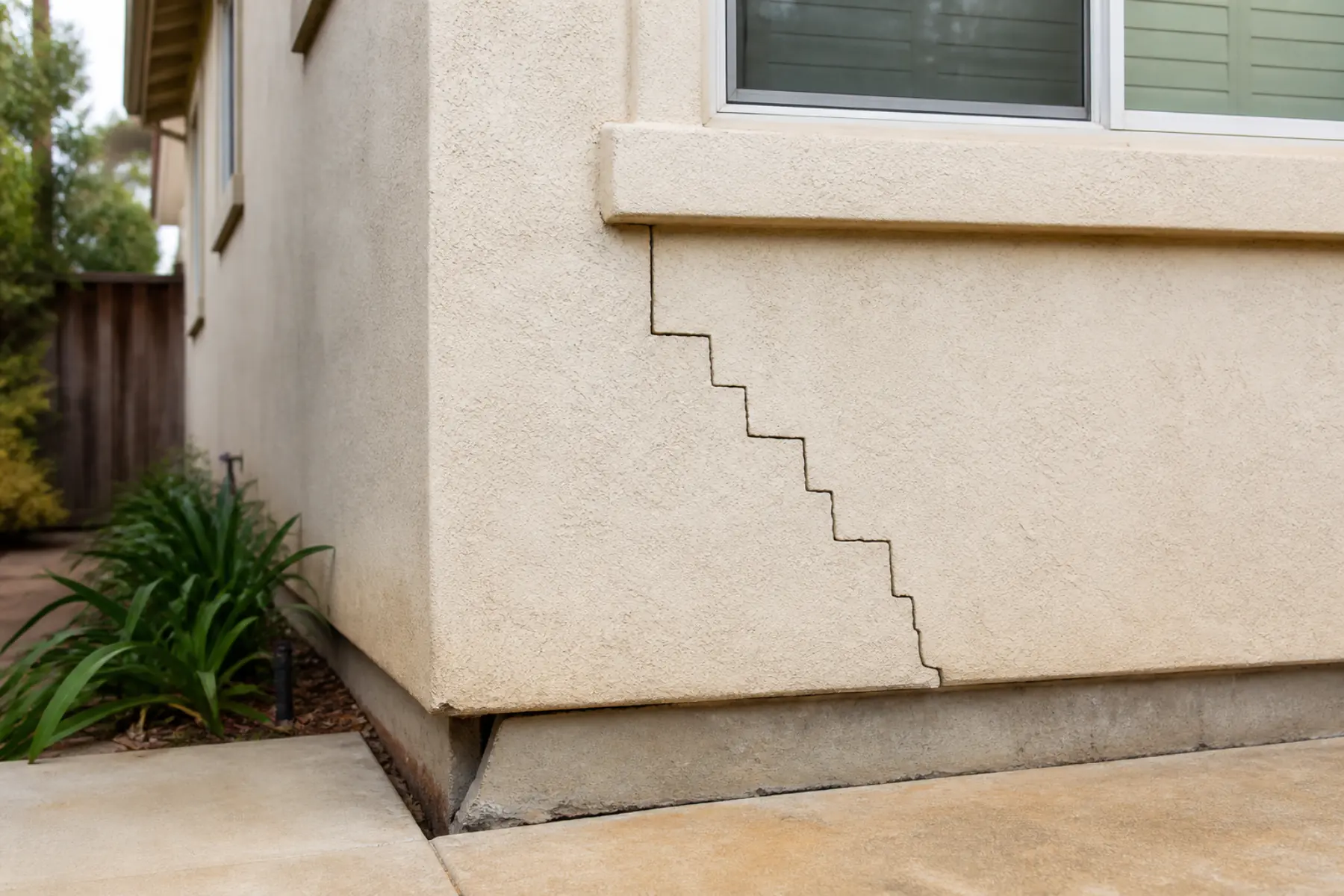 Stair-step crack extending from a stucco wall window toward a settled foundation corner