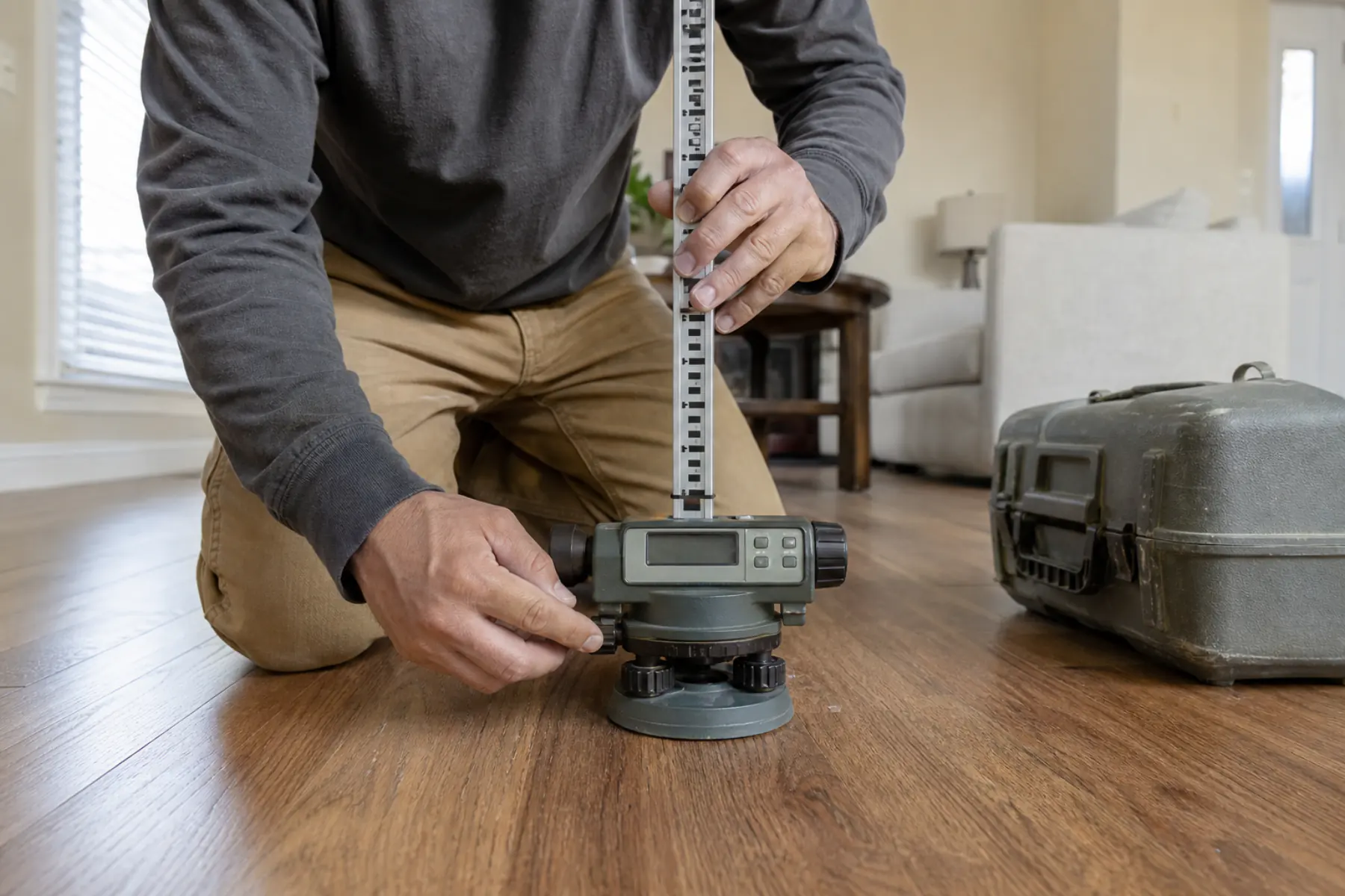 Engineer using a digital level to survey a residential floor