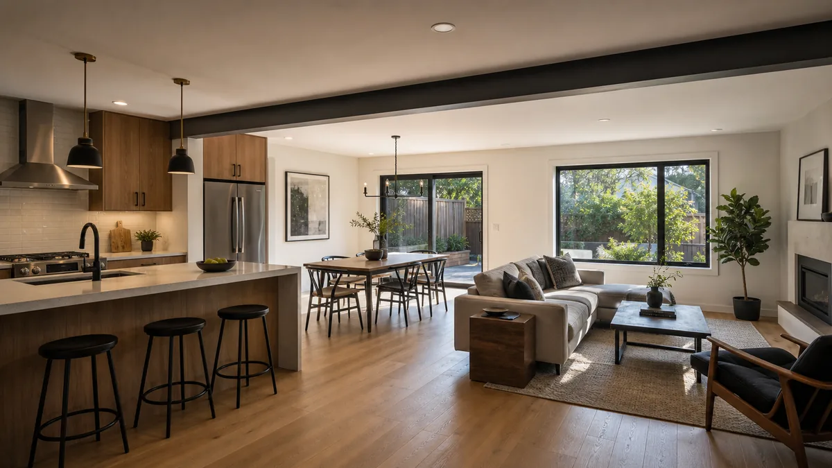 Open great room after a load-bearing wall removal with a concealed beam