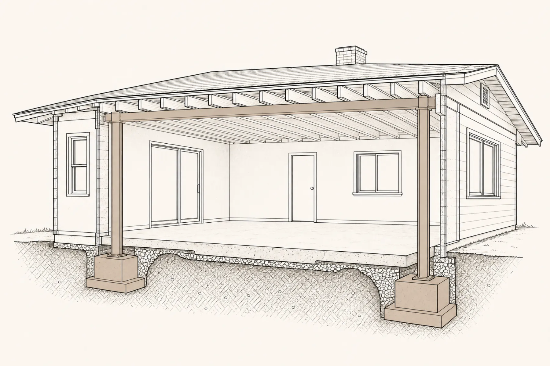 Technical cutaway of a concealed beam carrying loads through posts to new pad footings