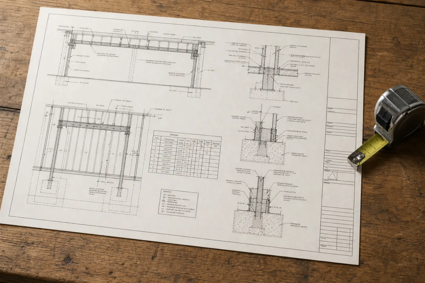 Structural detail sheet for a flush beam, posts, connections, and footing