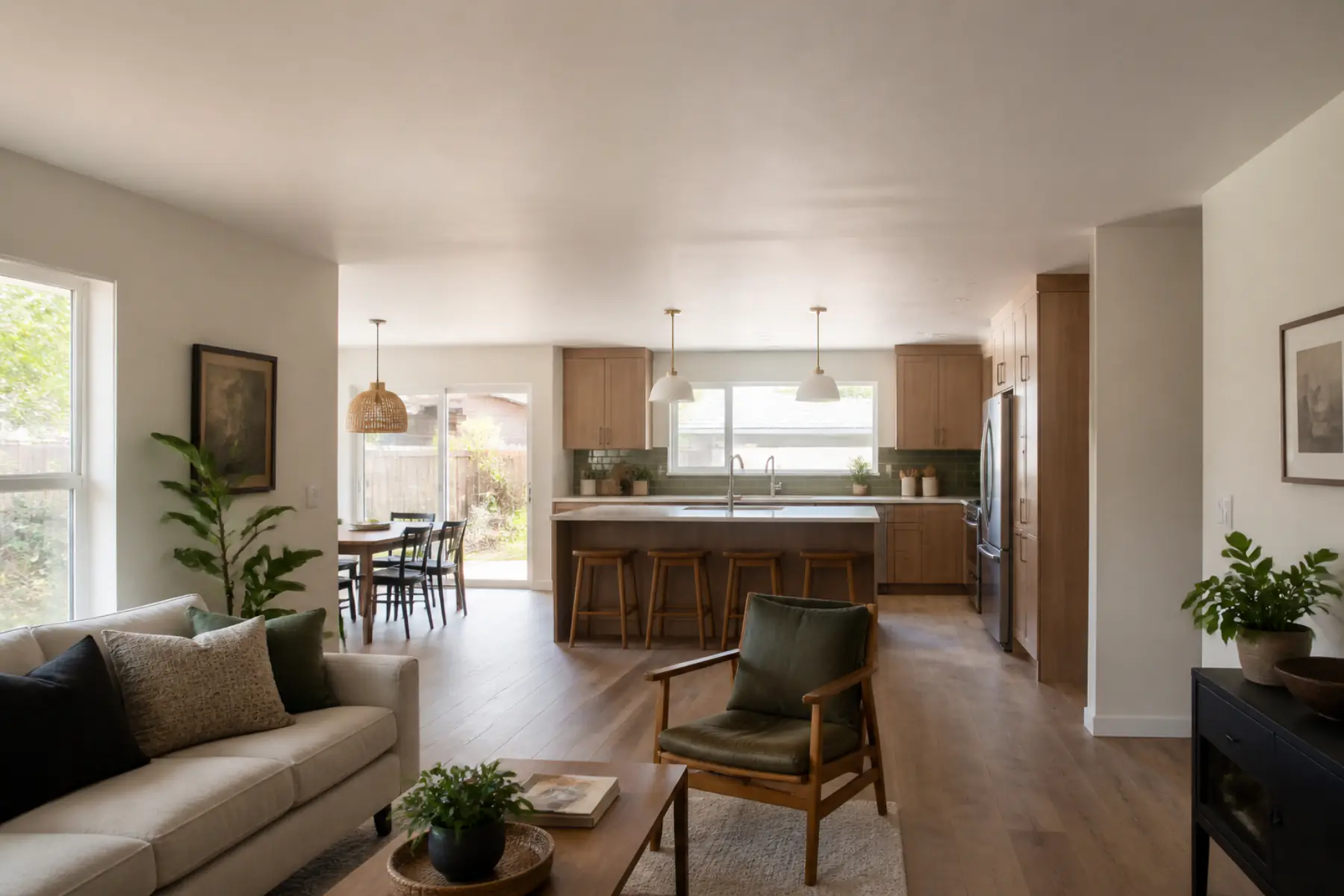 Finished open-concept kitchen and living room with a clean ceiling