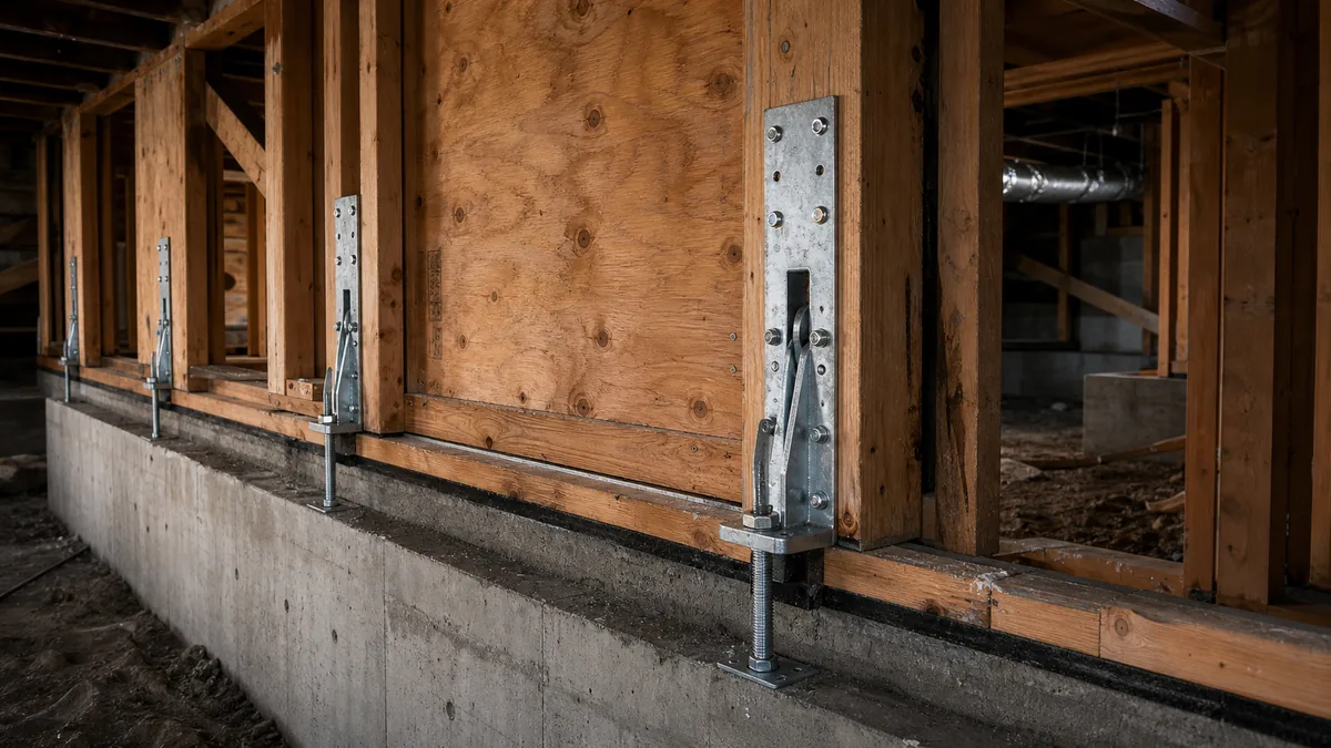 Seismic retrofit bracing and hold-down hardware at a residential foundation