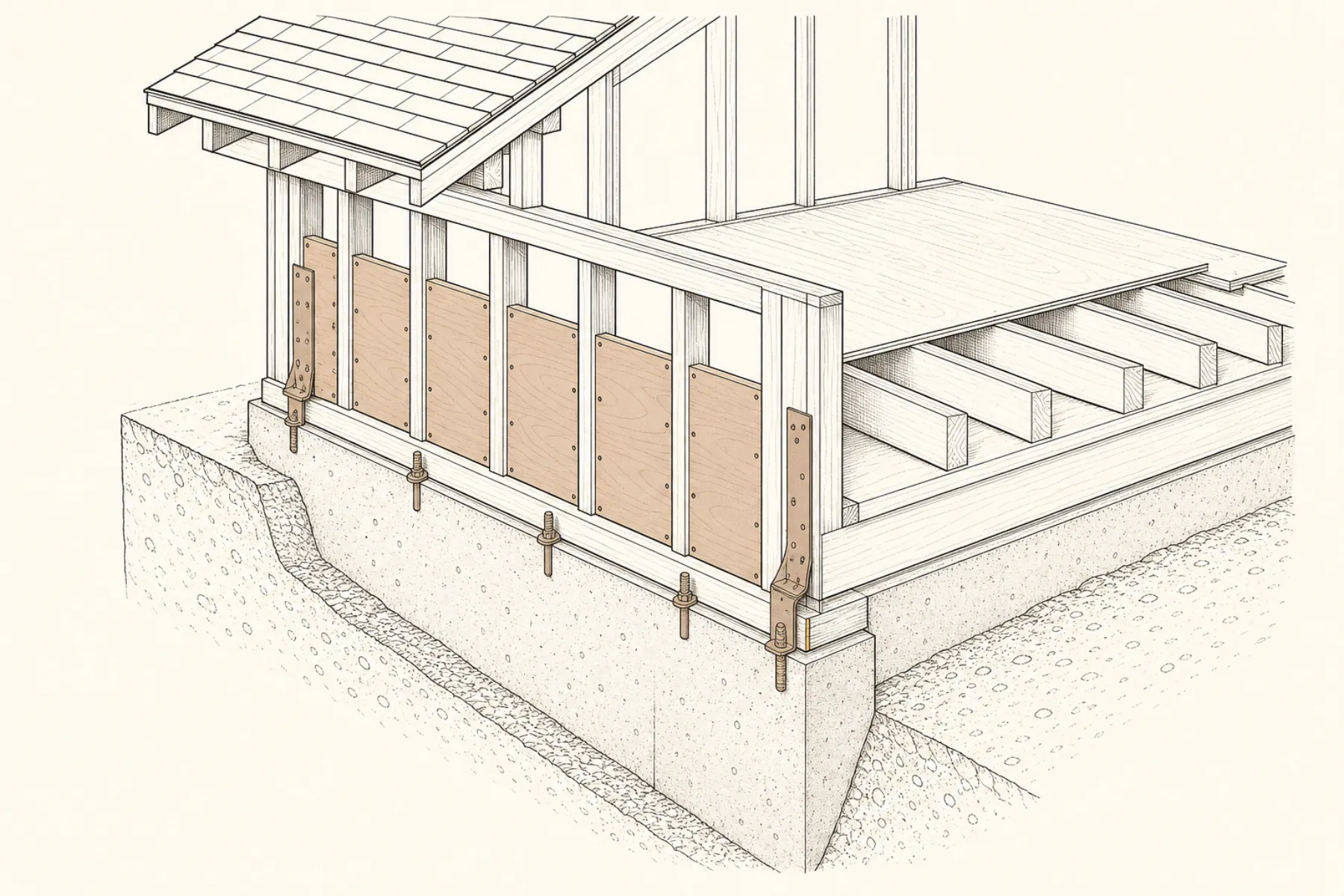 Technical cutaway of plywood cripple-wall bracing, anchor bolts, and hold-downs