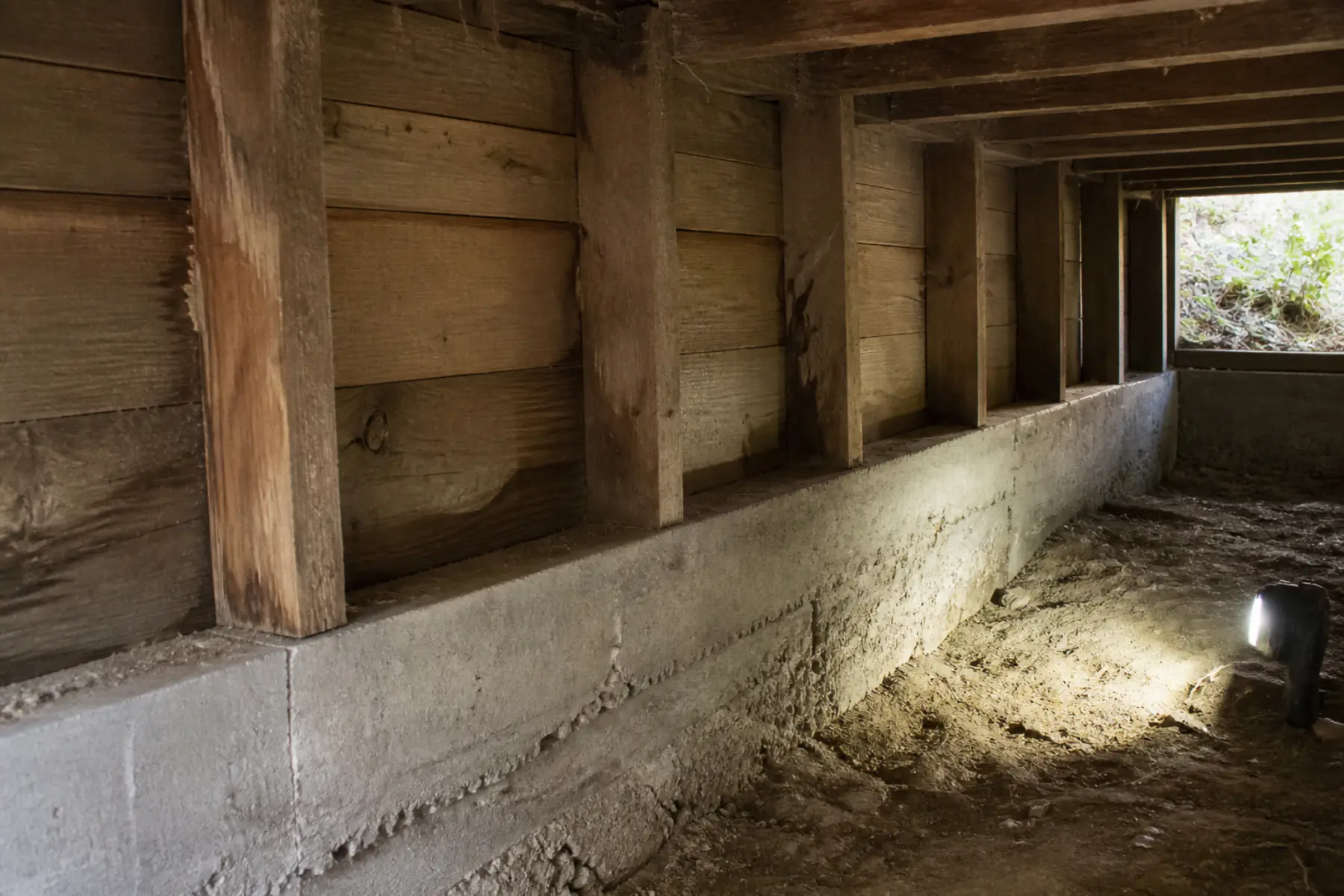 Unbraced cripple wall above a concrete stem wall in a California bungalow crawl space