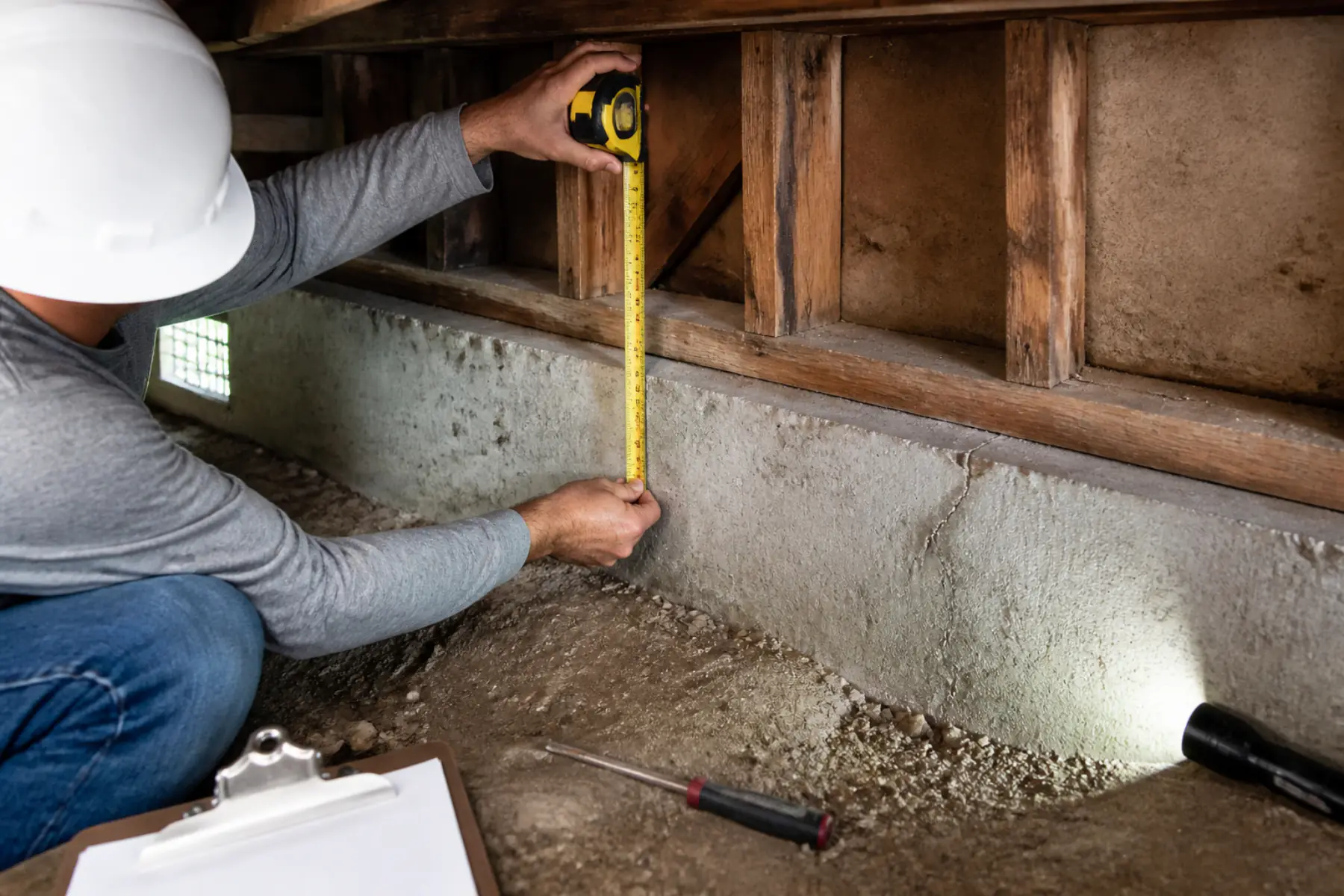 Engineer measuring a cripple wall in a residential crawl space