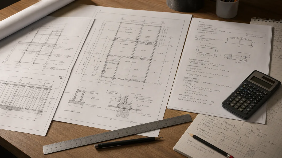 Structural drawings and calculation sheets arranged on an engineer's desk