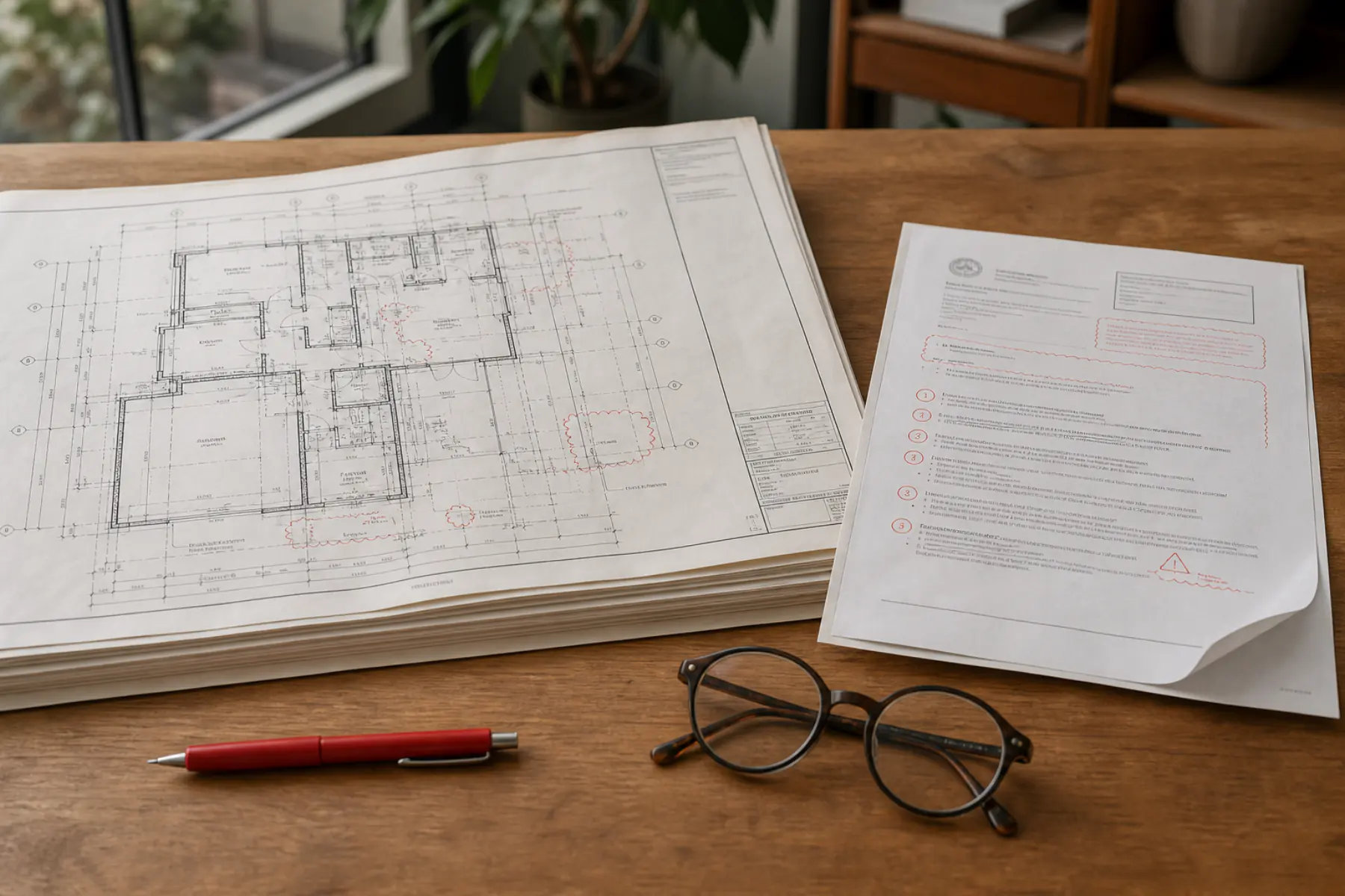Architectural floor plans beside a city plan-check correction letter