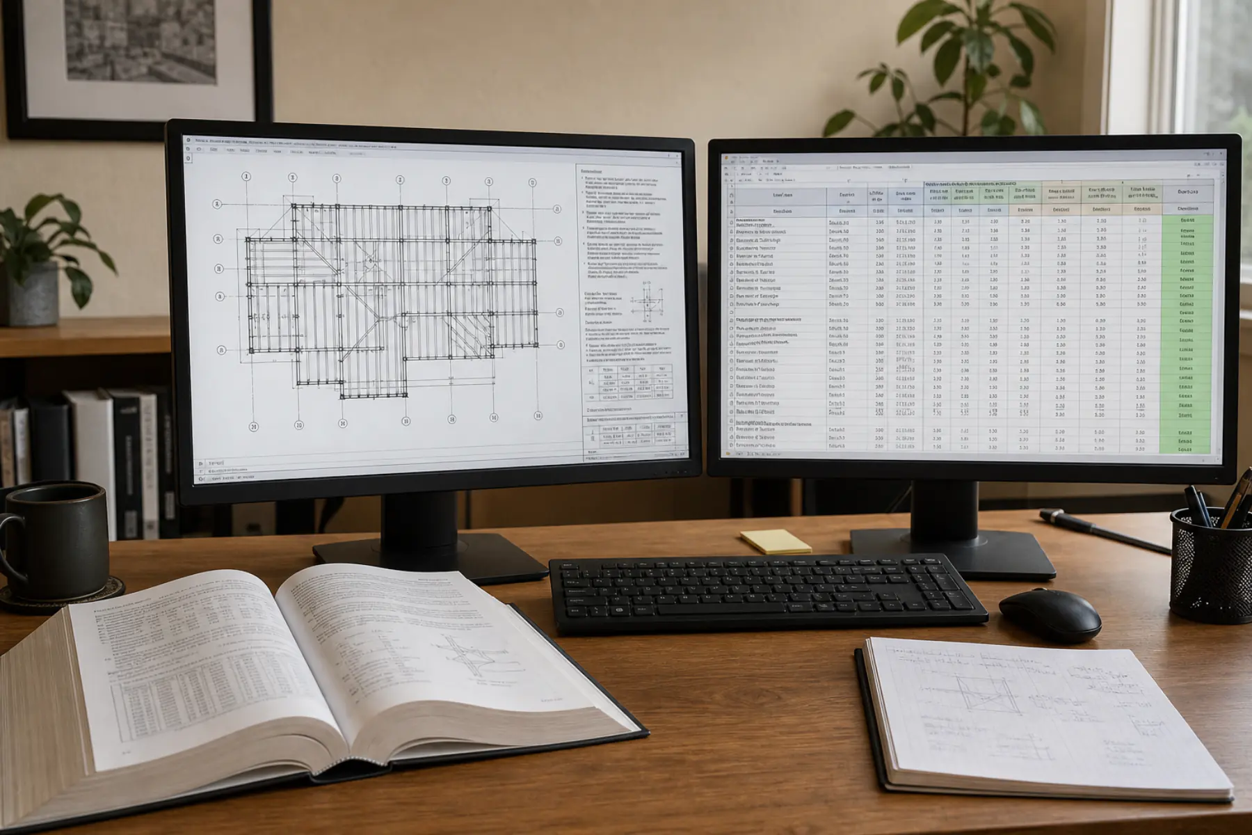 Engineer workstation displaying a framing plan and structural calculations